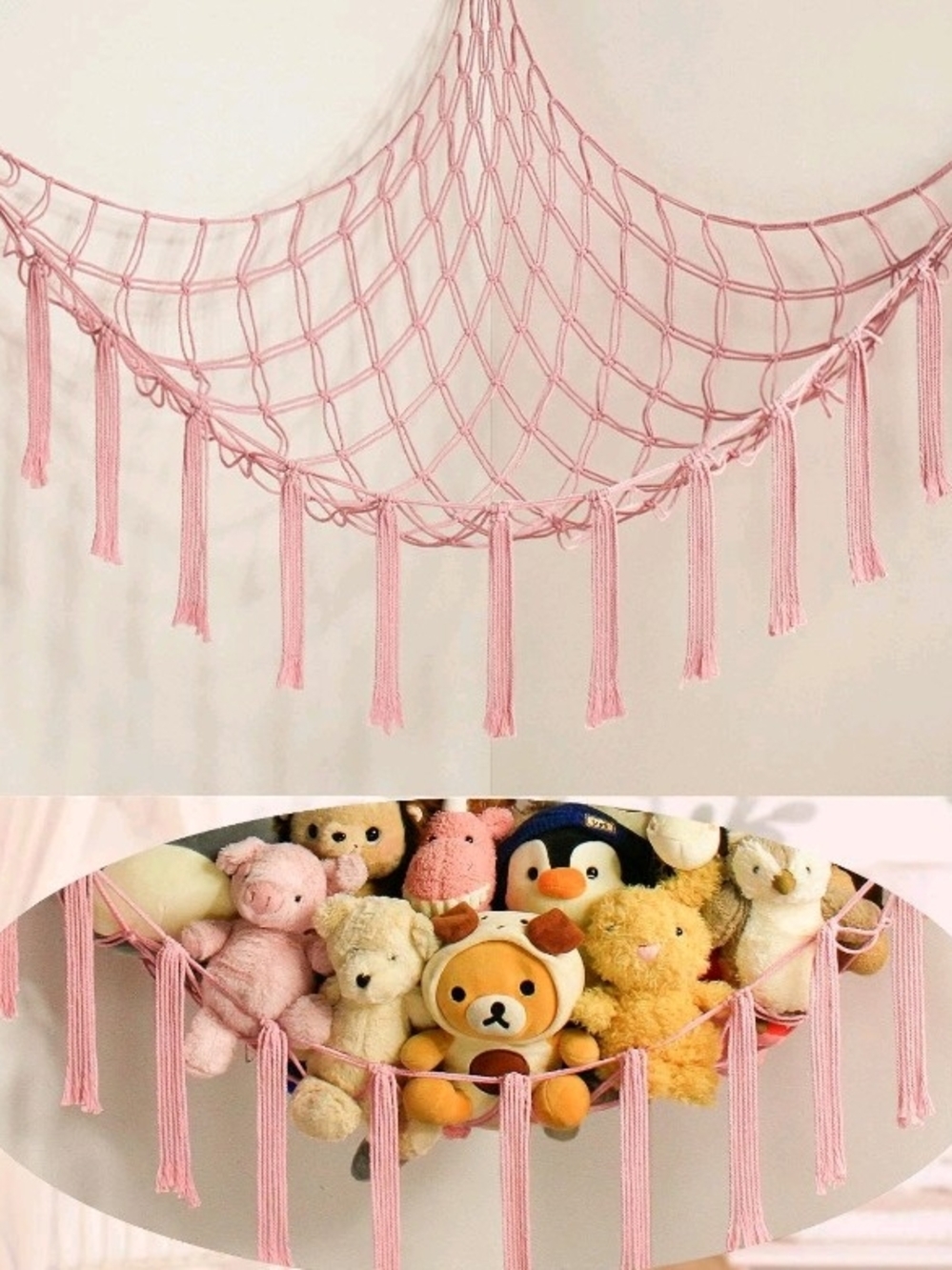Pink Macramé Corner Hanging Toy Hammock Net for Kids